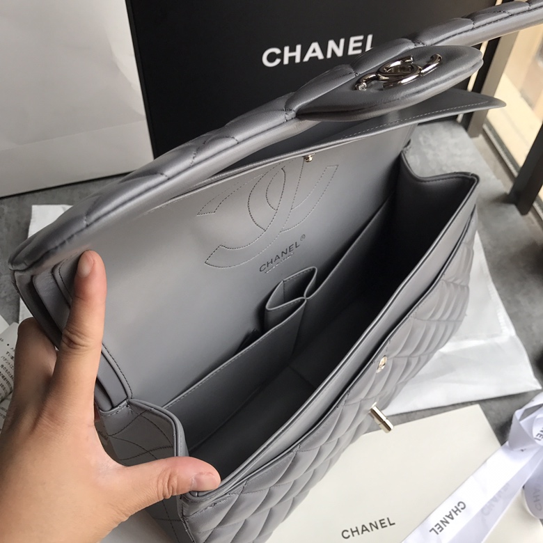 Ch@nel Flap Bag-Lambskin-Silver-30CM